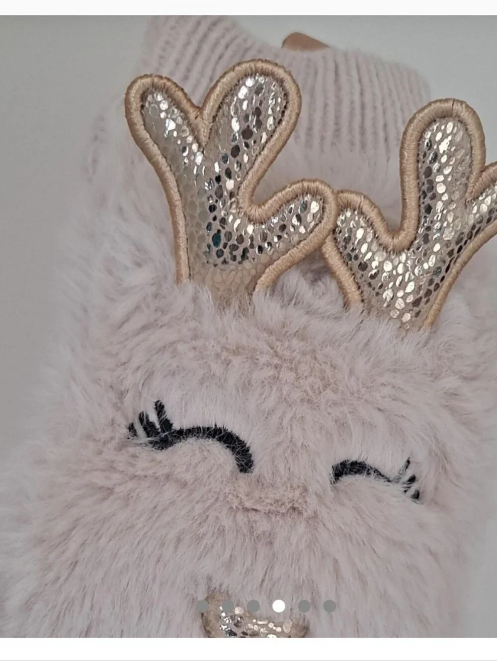 I AM Beige faux fur knit Fingerless Gloves Reindeer Mittens Holiday BRAND NEW